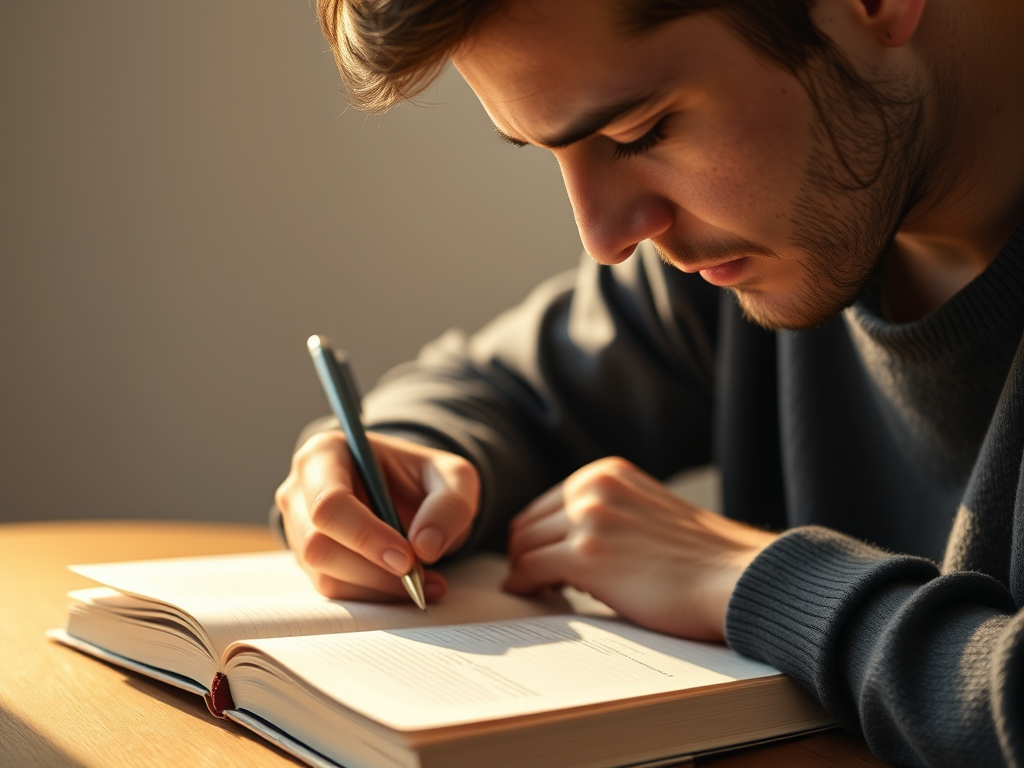 “Person writing in a journal with soft morning light, symbolizing self-awareness and tracking relationship sabotage patterns.”