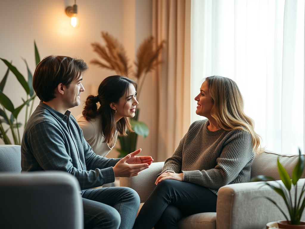 “Therapist and client in a calming office discussing relationship patterns, illustrating professional support for attachment healing and mental health.”