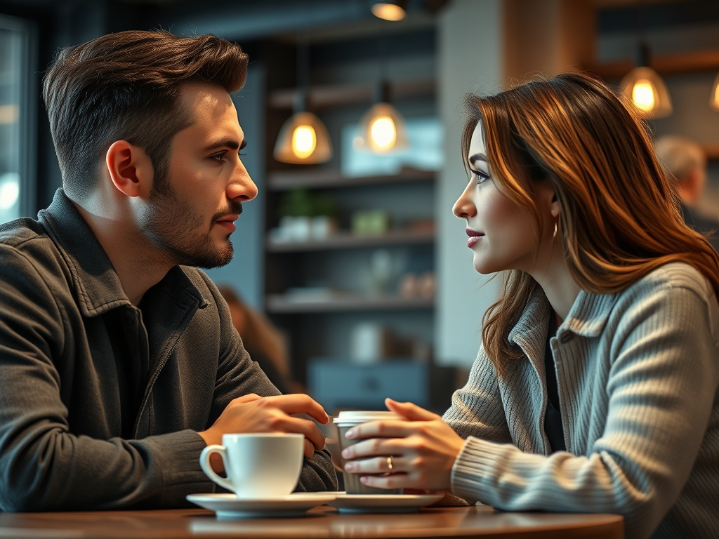 “Two people talking over coffee with thoughtful expressions, symbolizing early dating and emotional awareness.”