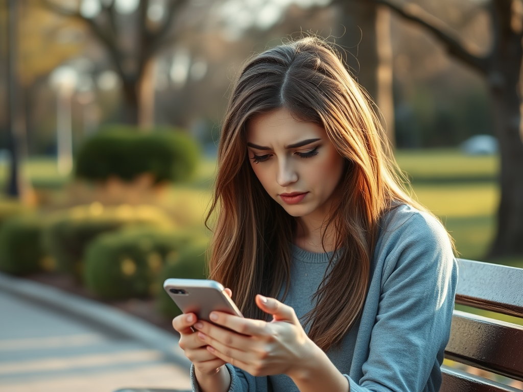 Young woman sitting on a park bench looking at her phone with a concerned expression, illustrating dating anxiety and overthinking.